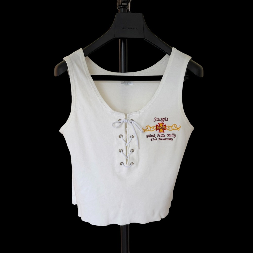 Y2K Sturgis 2002 Black Hills Rally Lace Up Tank Top White L/XL